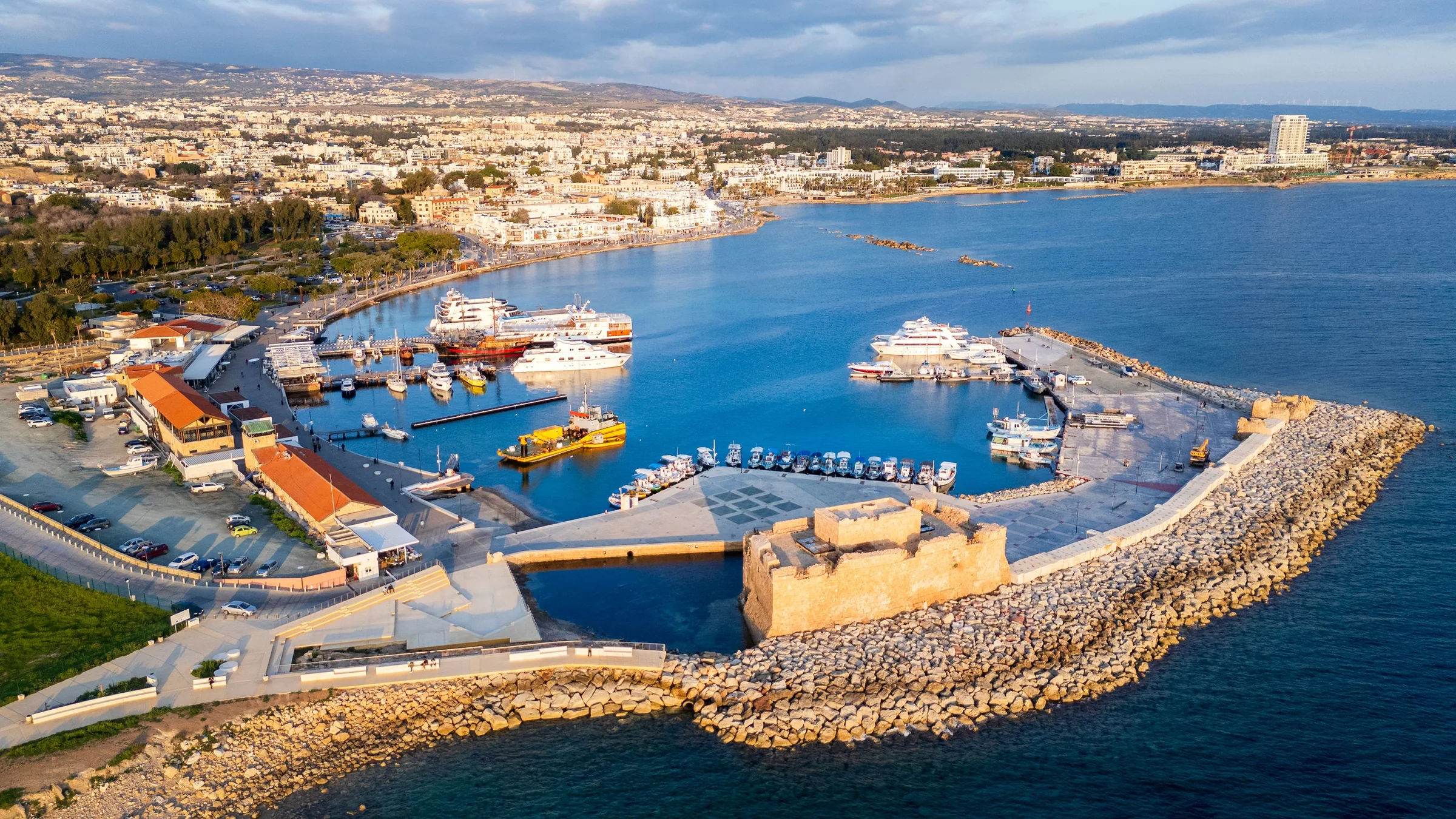 Aerial photograph of Paphos harbour and its medieval fort on the coast of Cyprus