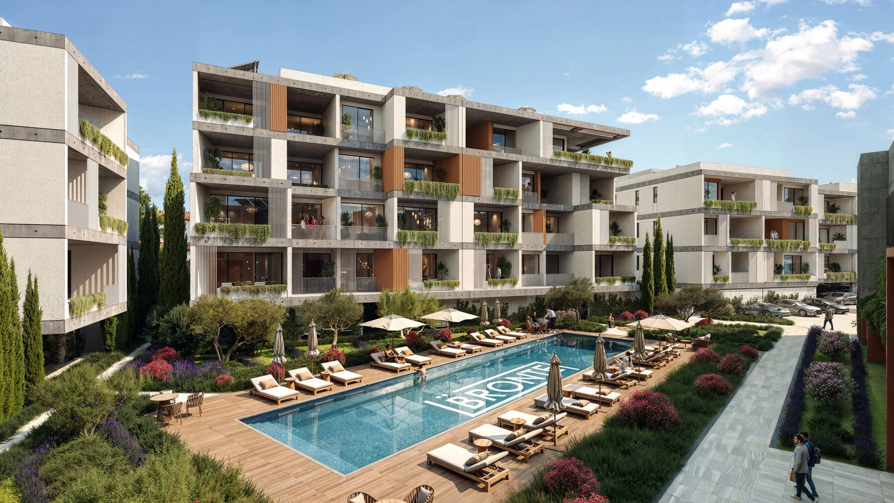 Architectural rendering: BRONTE residences around the shared pool