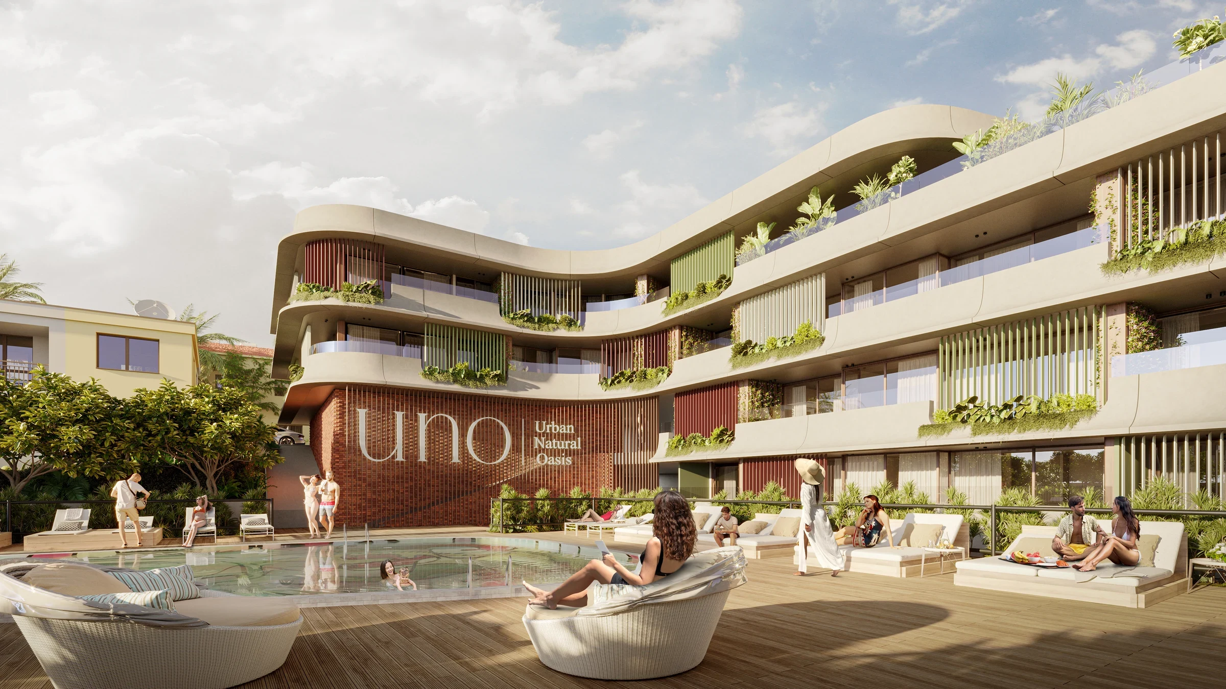 Architectural rendering: UNO pool terrace and curved residential facade