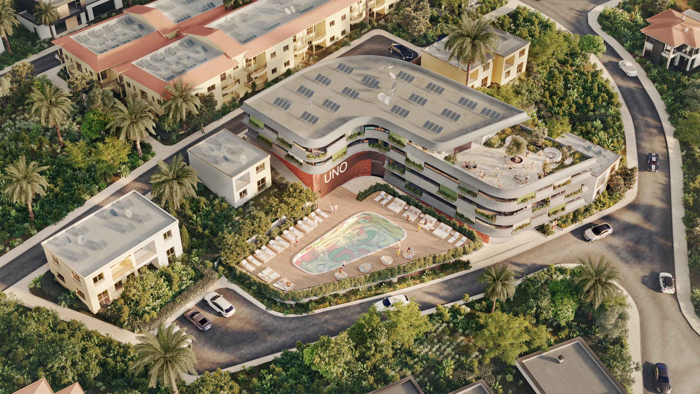 Architectural rendering: Aerial view of the UNO development design