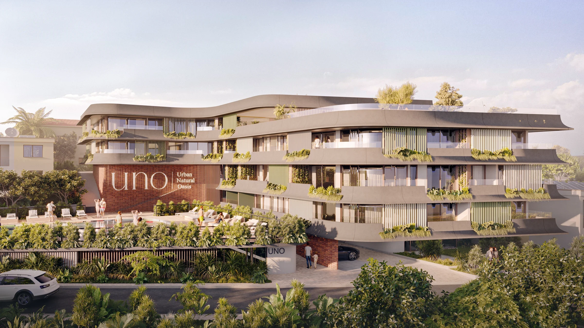 Architectural rendering: UNO residences and landscaped pool courtyard