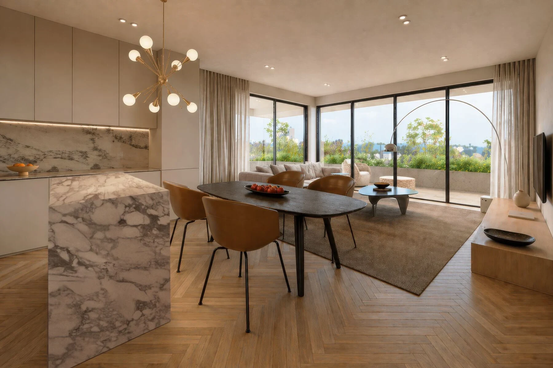 Architectural rendering: BRONTE apartment living and dining area