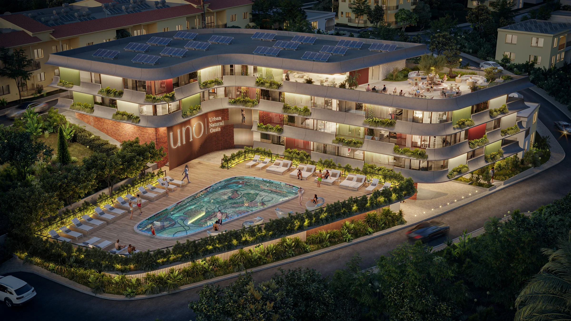 Architectural rendering: UNO architectural design at night